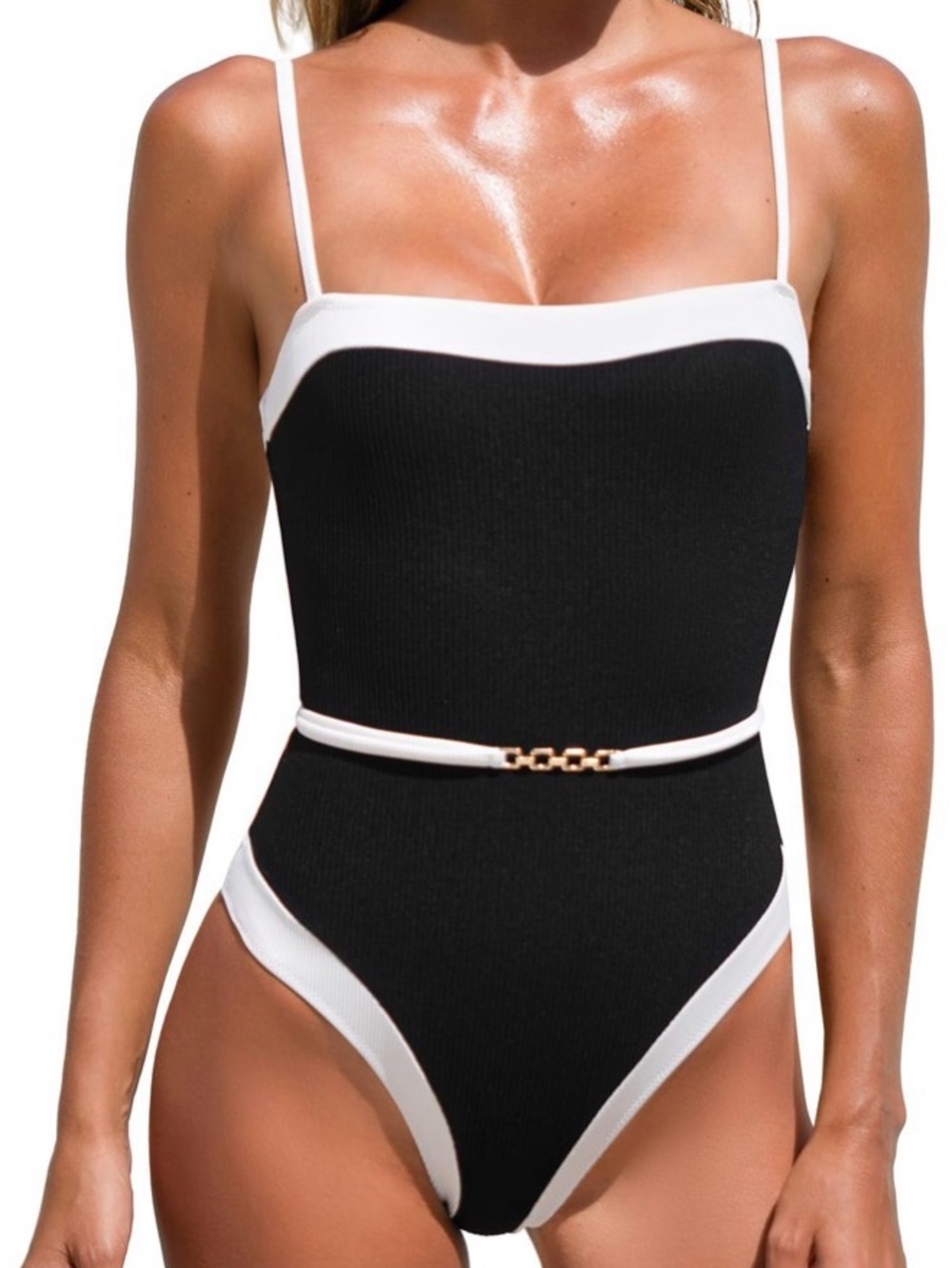 BERLOOK Women's One Piece Swimsuit Size XL Black White Ribbed Belted NWT